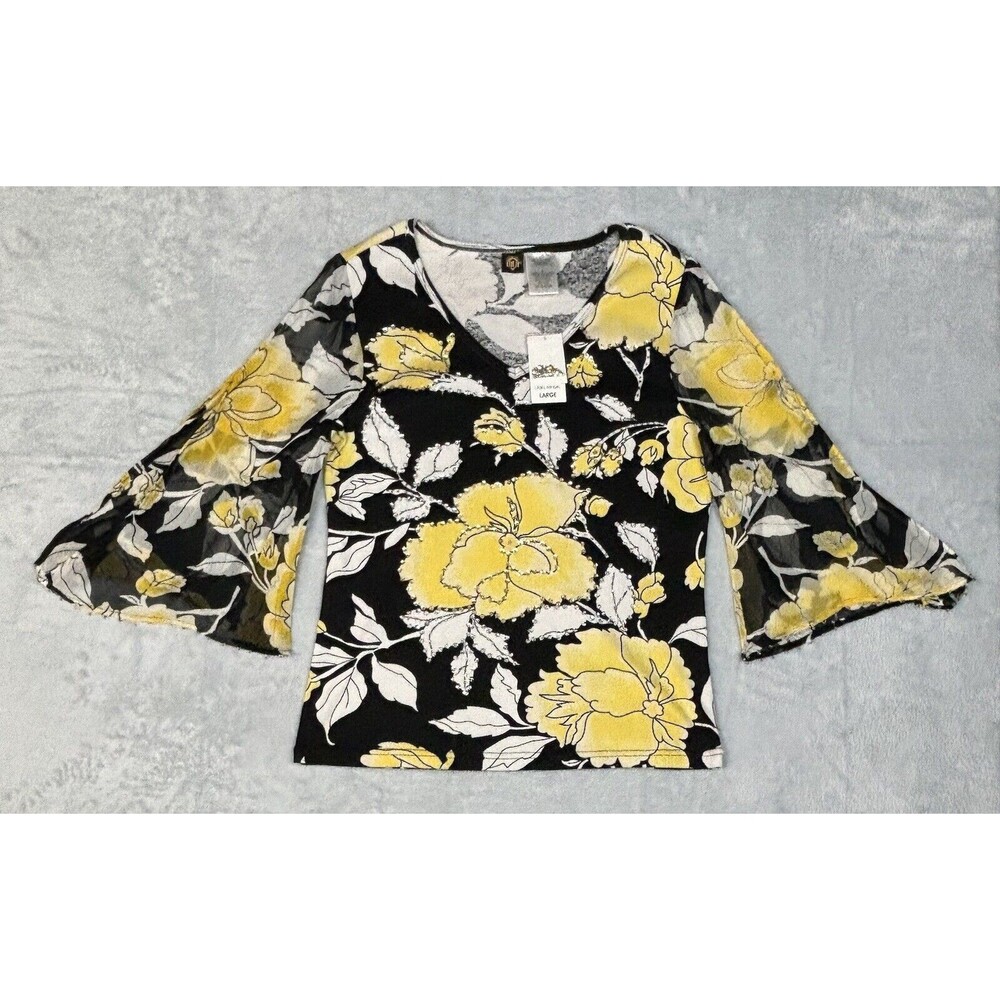 Bila Women’s Size Large V-Neck Floral Print 3/4 Bell Sleeves Top W/Rhinestones